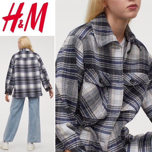 Hm Oversized Flannel Plaid Shirt Jacket 